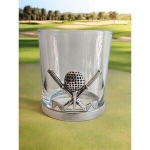 New MCM Metal Golf Club Golf Ball Man Cave Scotch Whiskey Glass Tumbler